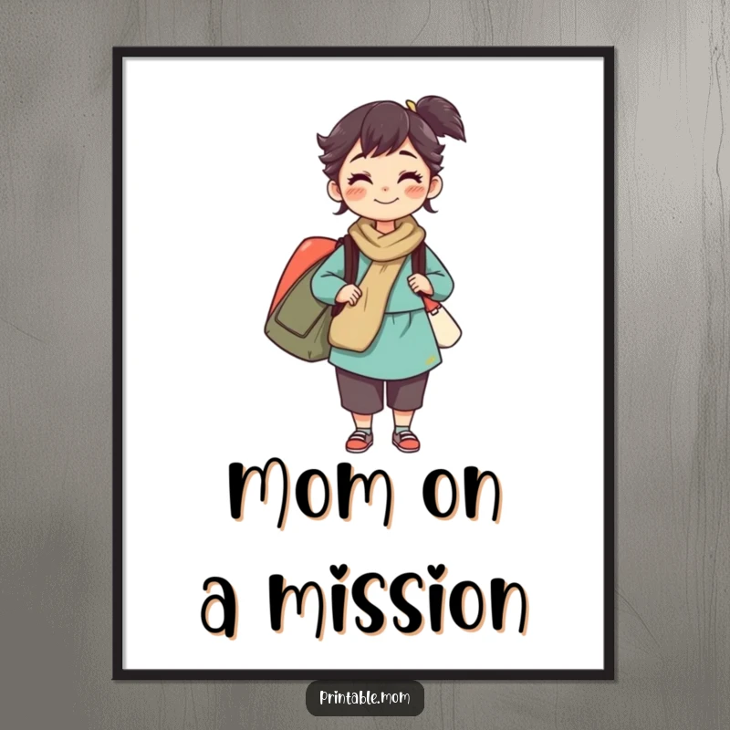 Funny Free Printable Wall Art: A mom character determinedly balances numerous shopping bags with a strong grin.