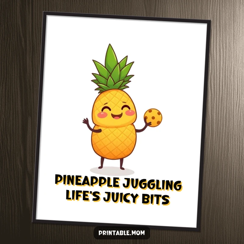 Funny Free Printable Wall Art: Giggling pineapple juggling small round fruits with its leafy top, vibrant and fun.