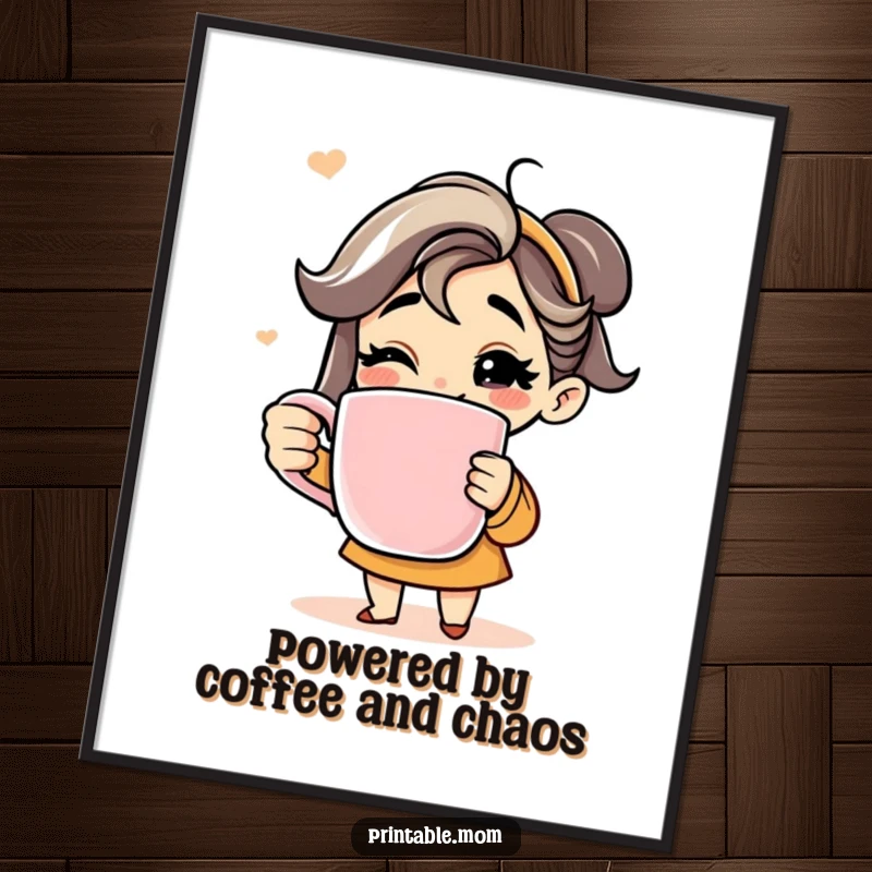 Funny Free Printable Wall Art: A mom character with a wide grin holding a giant coffee mug, perfect kitchen decor.