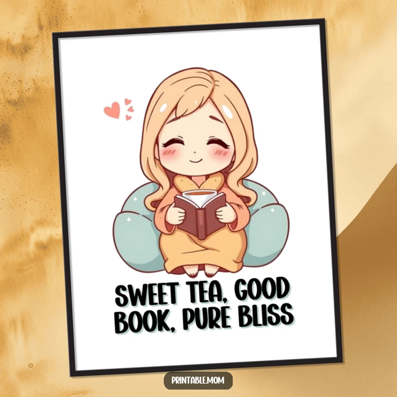 Funny Free Printable Wall Art Mom: A mother enjoys a peaceful moment with her book and tea, radiating calm and contentment.