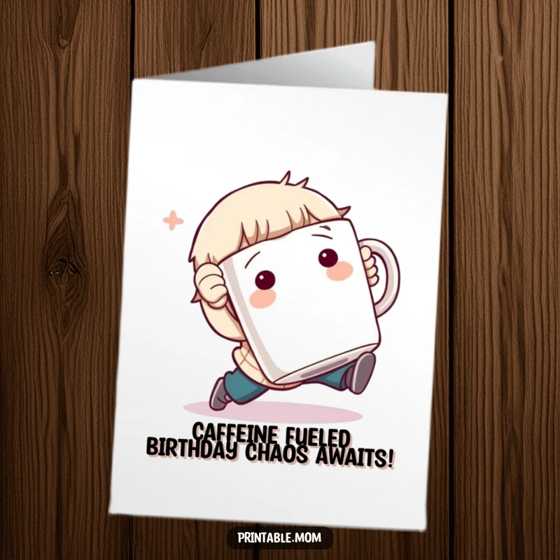 Funny Free Printable Birthday Card: Character comically tripping with a giant coffee mug, spilling a little, perfect for coffee addicts.
