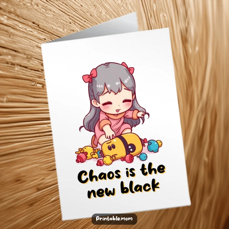 Funny Free Printable Birthday Card featuring a mom hilariously tripping over scattered toys, pure chaotic parenting humor.