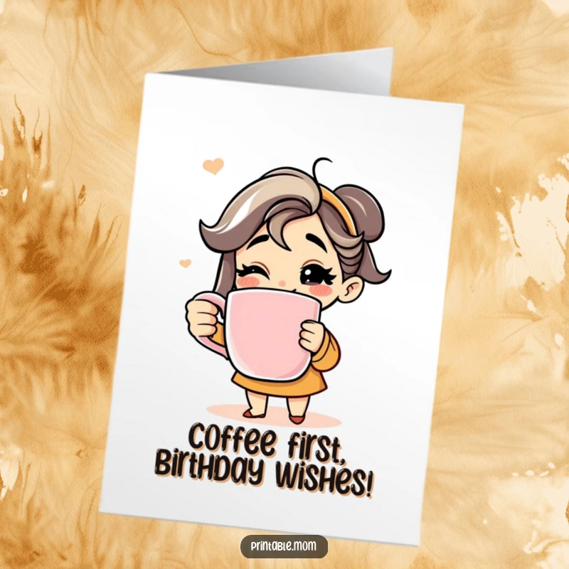 Funny Free Printable Birthday Card: Mom character with a wide grin holding a giant coffee mug, celebrating.
