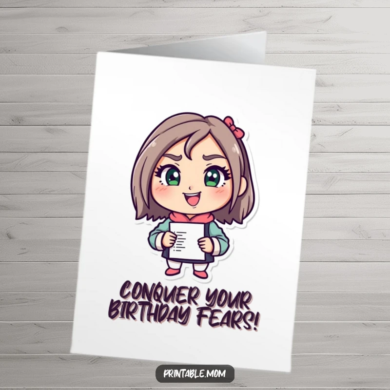 Funny Free Printable Birthday Card: Mom character with a determined grin, ready to crush her to-do list, celebrating her drive.