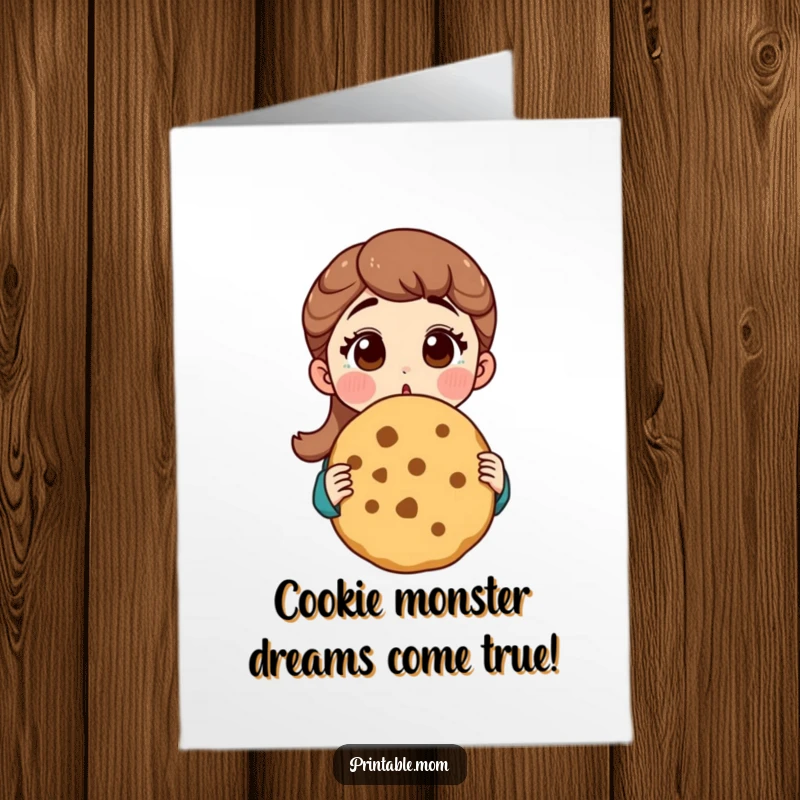 Funny Free Printable Birthday Card: Surprised mom holding a massive cookie, ready for a birthday feast.