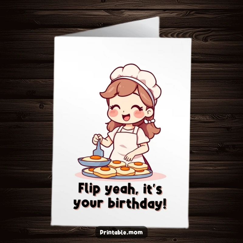 Funny Free Printable Birthday Card featuring a cheerful mom in an apron expertly flipping pancakes with a proud smile.