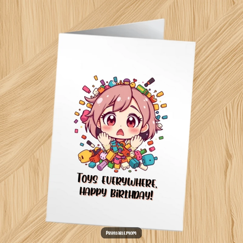 Funny Free Printable Birthday Card Mom: A mom's eyes widen in shock at a sudden explosion of toys, wishing you a fun birthday.
