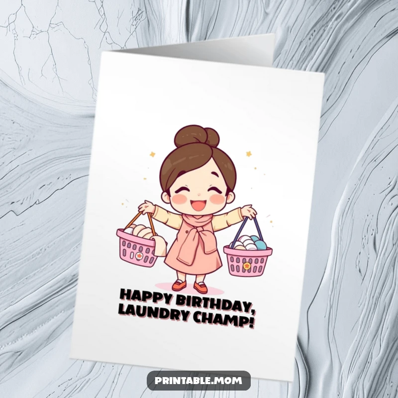 Funny free printable birthday card showing a happy mom character expertly juggling multiple laundry baskets with a smile.