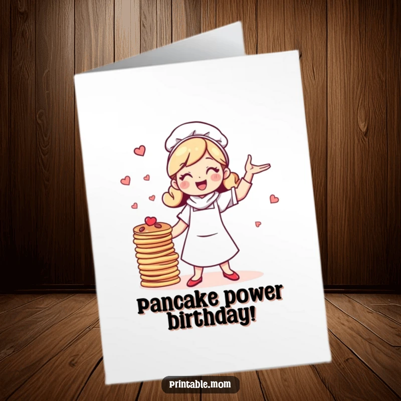 Funny Free Printable Birthday Card: Cheerful mom character energetically juggling a tall stack of delicious pancakes.