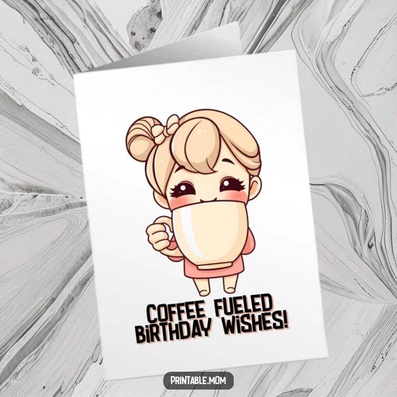 Funny free printable birthday card featuring a smiling mom character joyfully holding an oversized coffee mug, ready to celebrate.
