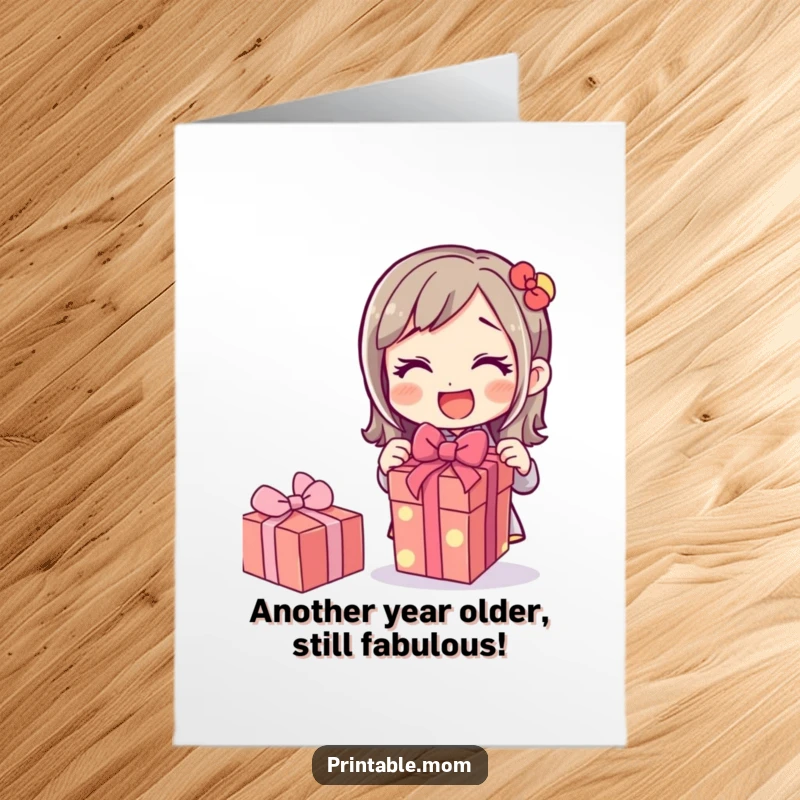 Funny Free Printable Birthday Card: Mom gleefully unwraps a gift, her face alight with excitement and surprise.