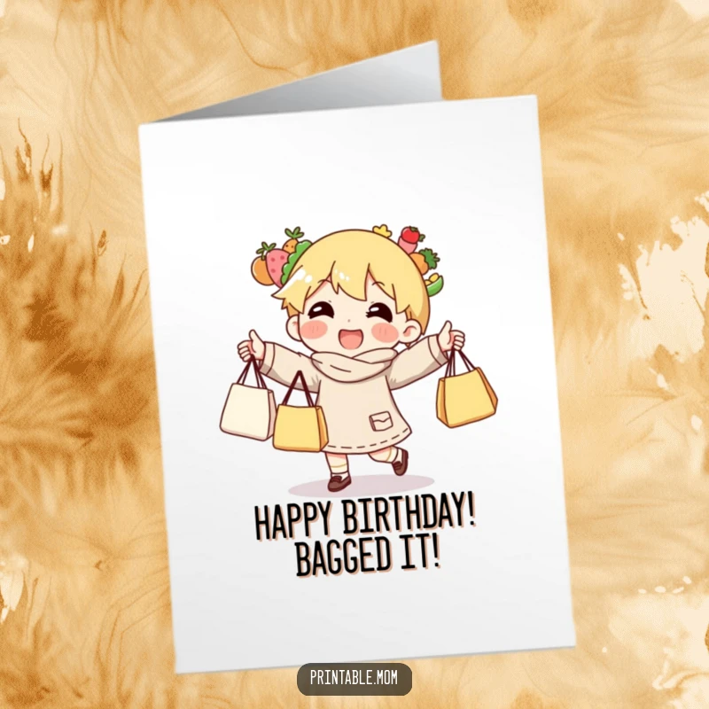 Funny Free Printable Birthday Card: Cheerful character expertly juggling multiple overflowing grocery bags with a smile.