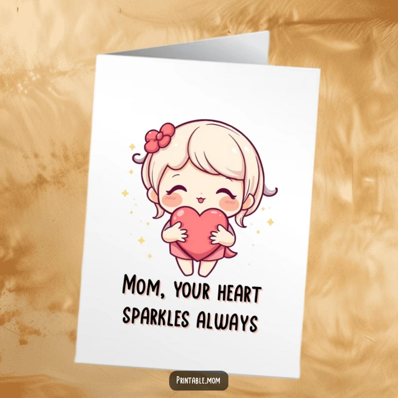 Free Printable Birthday Card: Loving mom with open heart sparkles brightly, sending heartfelt birthday wishes with a warm glow.