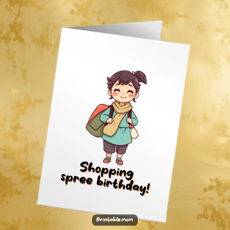 Funny Free Printable Birthday Card: Mom balances many shopping bags with a determined grin, a true superwoman.