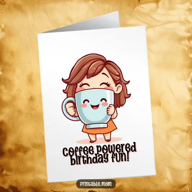 Funny Free Printable Birthday Card featuring a smiling mom holding a giant coffee mug, ready to tackle the day.