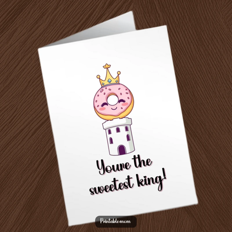 Funny Free Printable Birthday Card: A smiling donut wearing a tiny golden crown precariously balances atop a tall, wobbly tower.