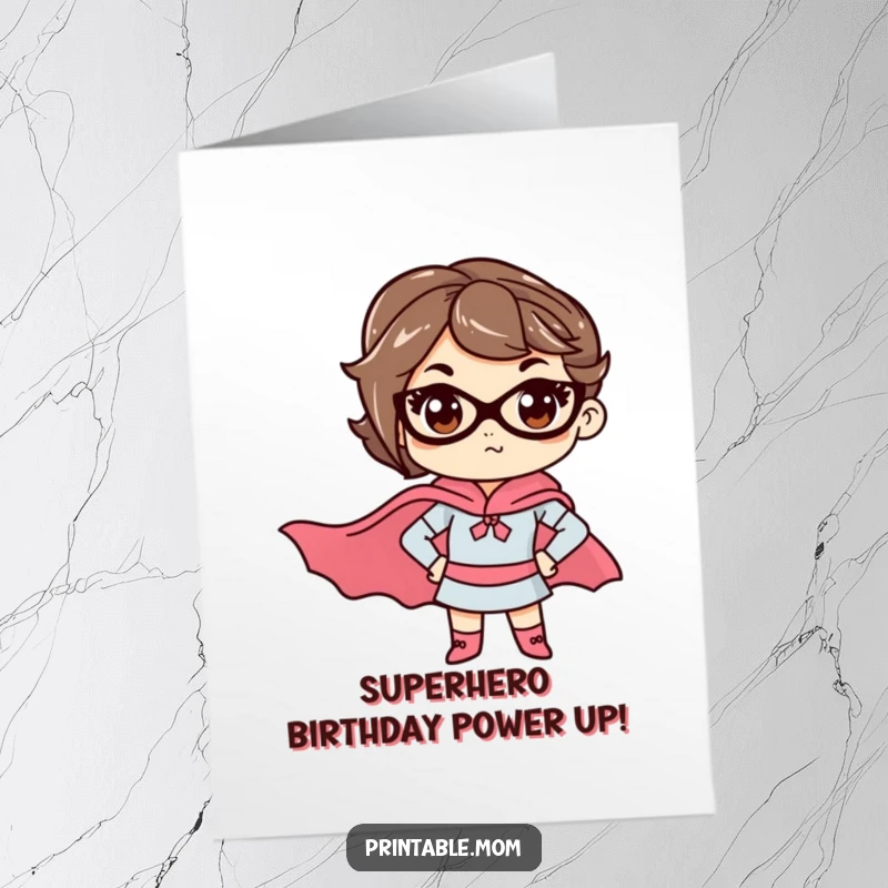 Funny Free Printable Birthday Card: Mom in a superhero cape, cape flowing, looking determined and powerful.