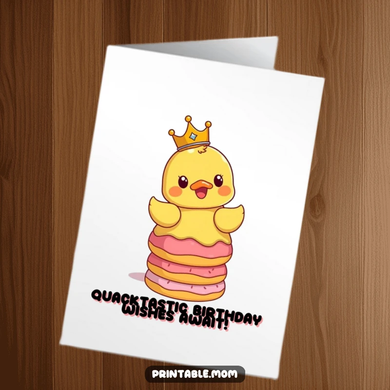 Funny Free Printable Birthday Card: Surprised rubber ducky in crown balancing donuts, ready to party.