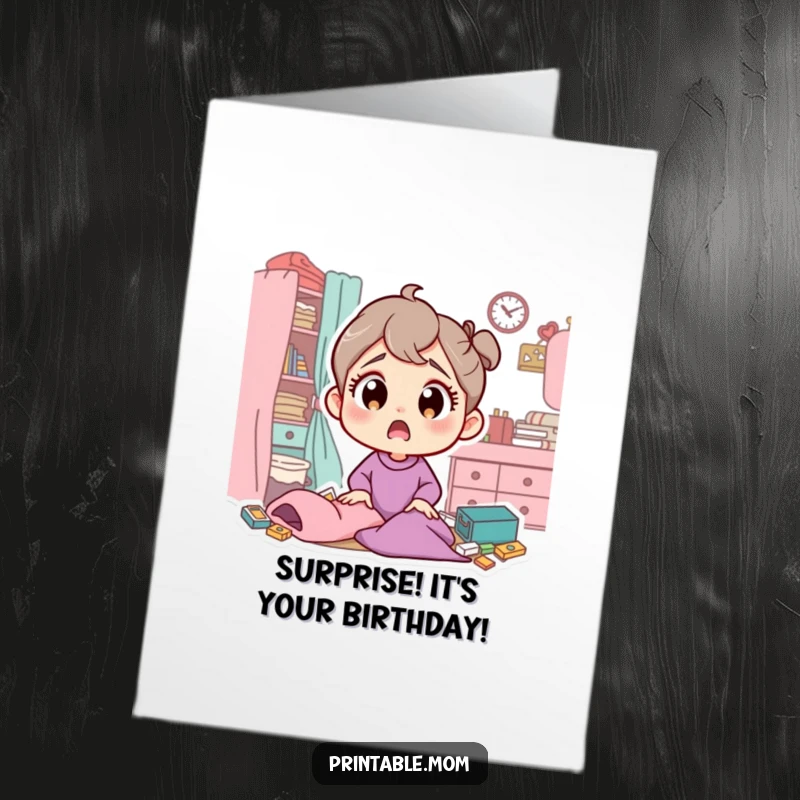 Funny free printable birthday card showing a mom character with wide, surprised eyes reacting to a comically messy room.