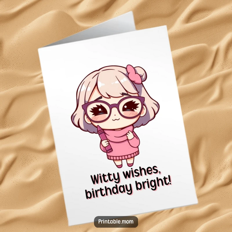 Funny Free Printable Birthday Card featuring a mom with big glasses winking mischievously while holding a bright crayon.