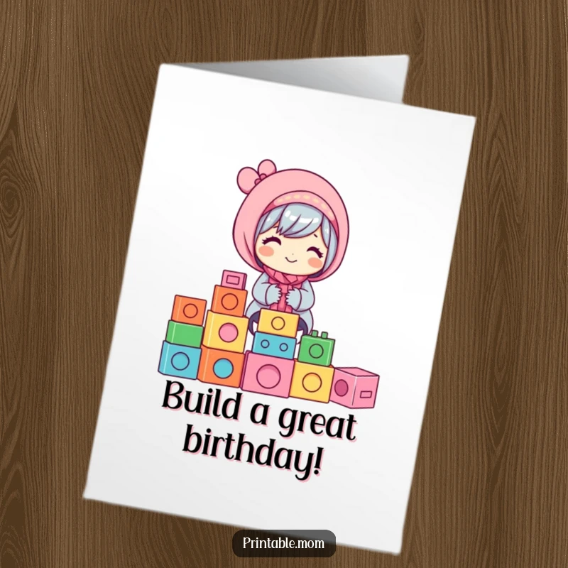 Free Printable Birthday Card: Happy mom joyfully stacking colorful building blocks, a scene of cheerful play.