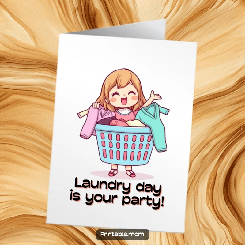 Funny Free Printable Birthday Card: Mom character cheerfully tossing clothes from a laundry basket, celebrating a birthday.