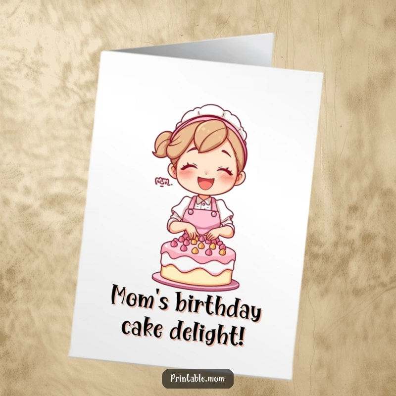 Free Printable Birthday Card: Mom character in apron joyfully decorating a cake with sprinkles.