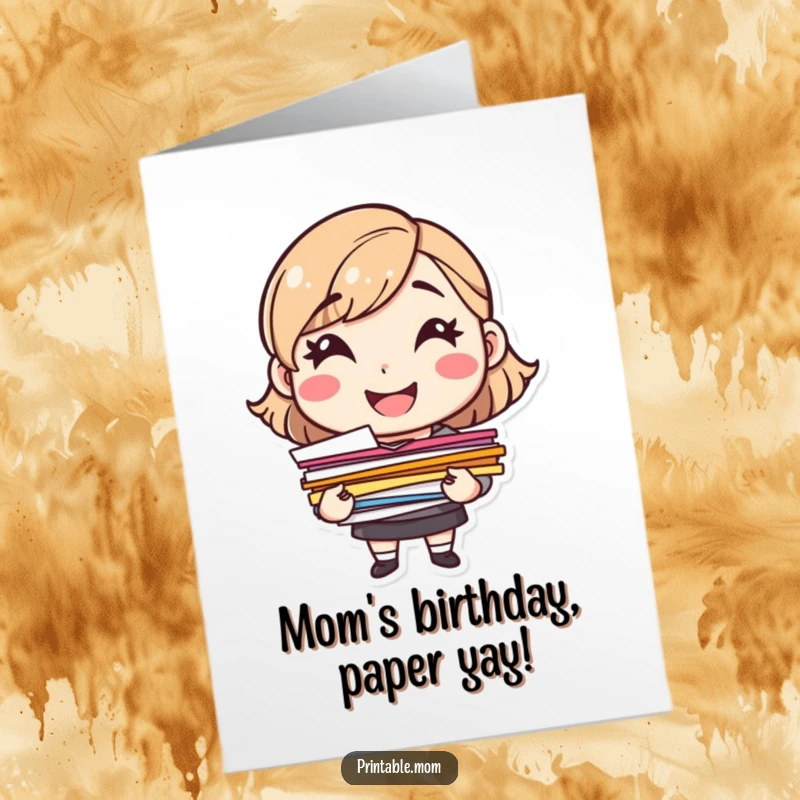 Free Printable Birthday Card: Cheerful mom character smiling, holding a stack of colorful papers proudly.