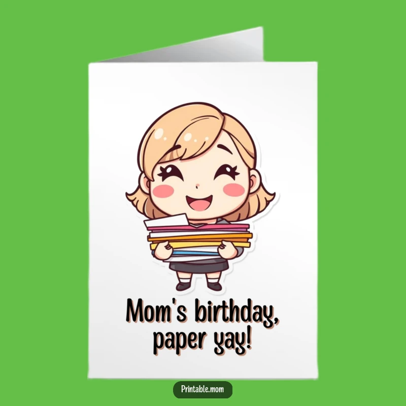 Free Printable Mom Birthday Card: Cheerful Paper-Holding Mom Downloadable Gift