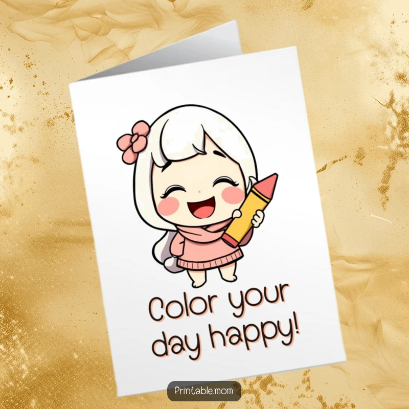 Funny Free Printable Birthday Card: A cheerful mom giggles while holding a bright, colorful crayon, ready to create.