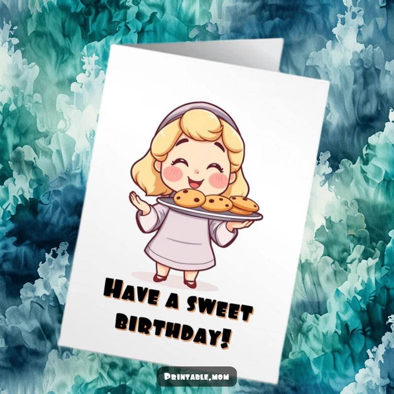 Free Printable Birthday Card: Proud mom offers a plate of delicious freshly baked cookies, a sweet gesture.