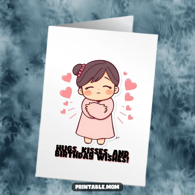 Funny Free Printable Birthday Card: Mom character in a loving hug with radiating hearts, perfect for conveying warm wishes.