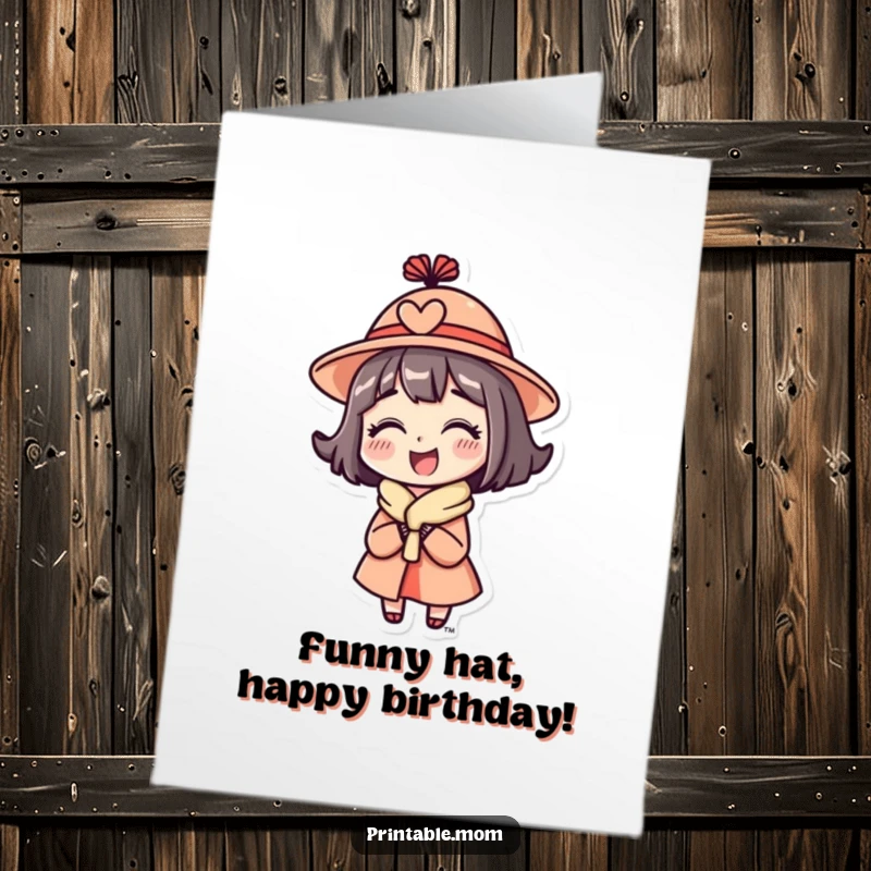 Funny Free Printable Birthday Card: A mom wearing a funny hat, looking absolutely delighted, ready for a birthday download.