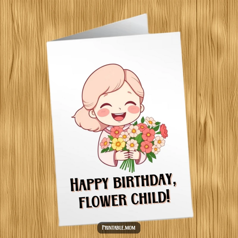 Funny free printable birthday card featuring a mom character laughing heartily while holding a beautiful bouquet of flowers.