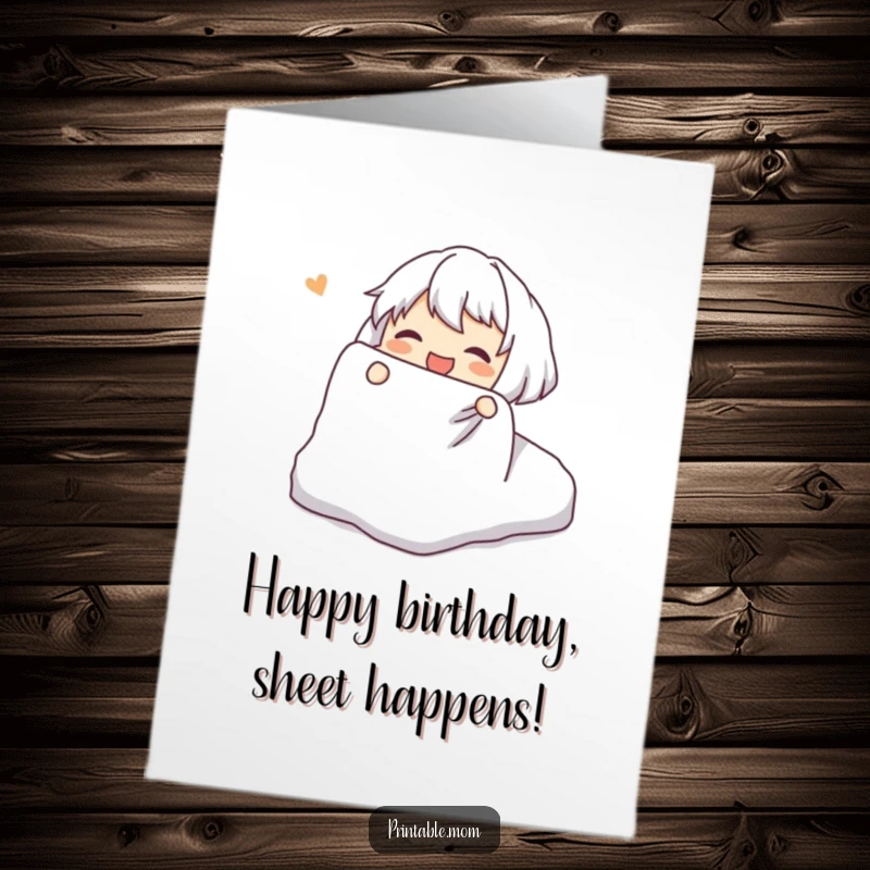 Funny Free Printable Birthday Card: Character joyfully wrestling with a fitted sheet, a comical depiction of domestic chores.