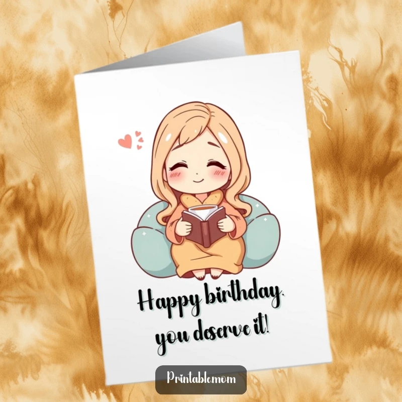Funny Free Printable Birthday Card Mom: A mom happily sighs, lost in a book with tea, wishing you a relaxing birthday.