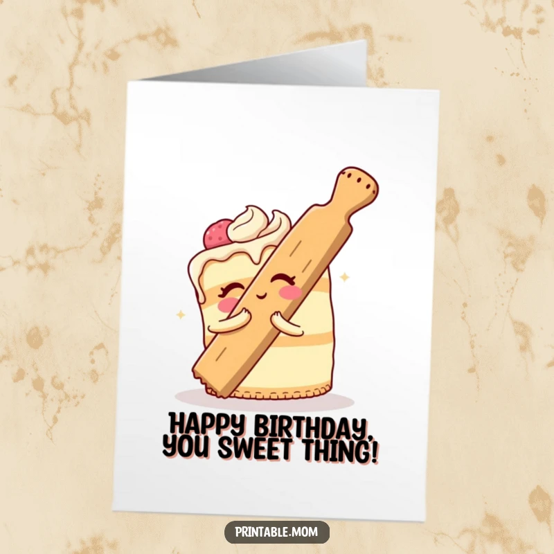 Funny Free Printable Birthday Card: A cheerful cake comically attempts to hug a giant rolling pin with determination.