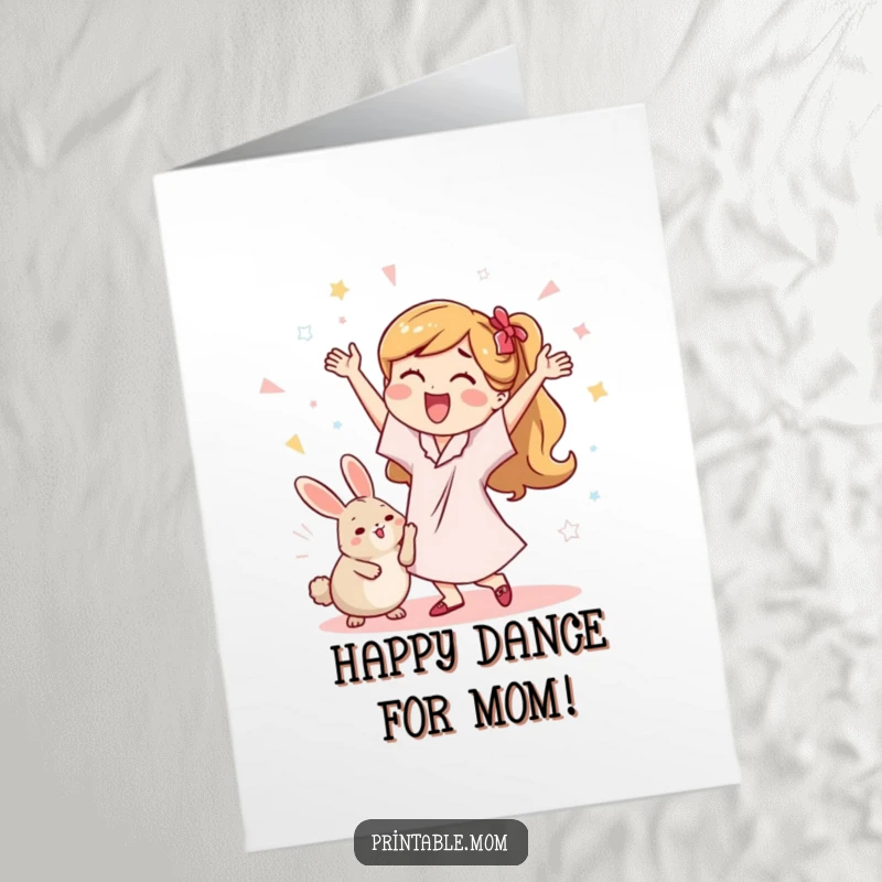 Funny Free Printable Birthday Card: Mom dances joyfully with a dust bunny, a quirky DIY gift.
