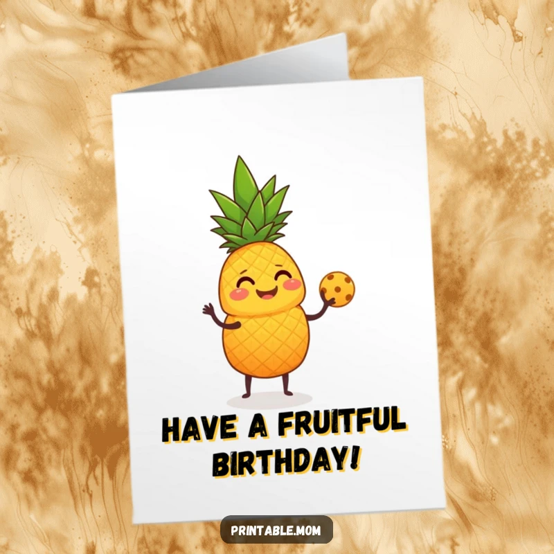 Funny Free Printable Birthday Card: Giggling pineapple juggling small round fruits with its leafy top, tropical humor.