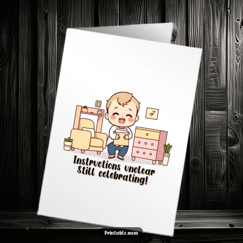 Funny Free Printable Birthday Card: Character struggling hilariously with confusing flat-pack furniture instructions.