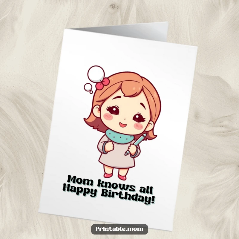 Funny Free Printable Birthday Card: Mom with Sparkly Thought Bubble Holding Pen, Ready for Genius Ideas
