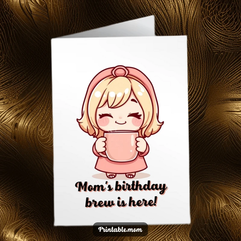 Funny Free Printable Birthday Card: A mom winking playfully while holding a steaming mug, ready for a birthday download.