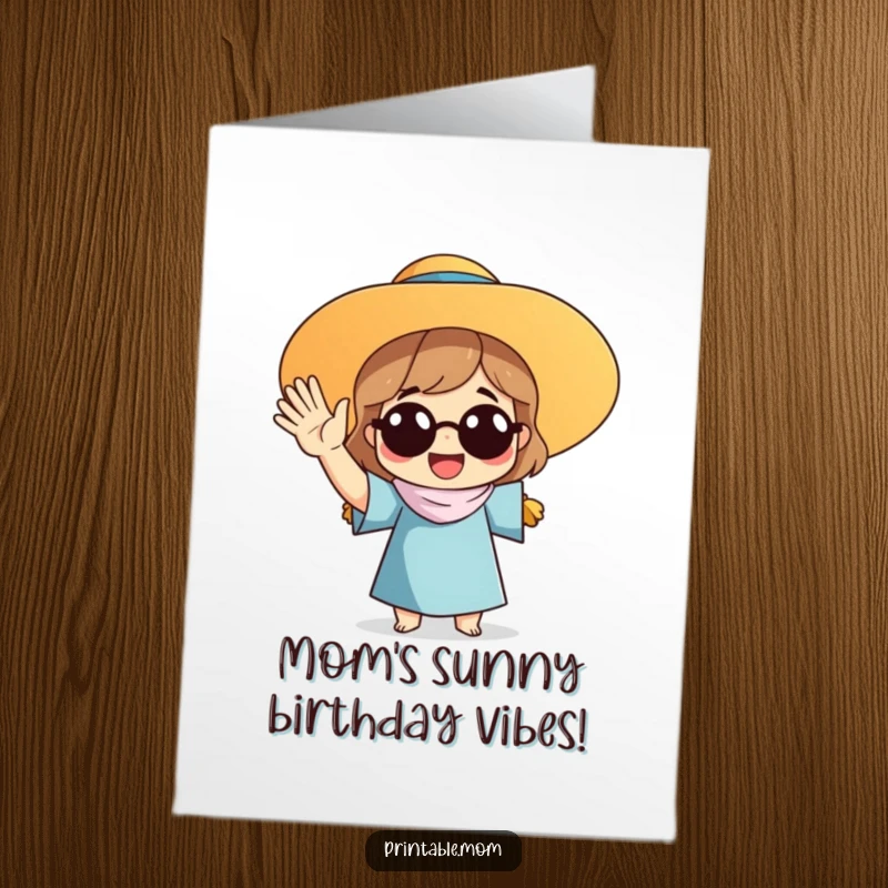 Funny Free Printable Birthday Card of a mom in a sun hat waving enthusiastically, radiating cheerful birthday vibes and sunny greetings.