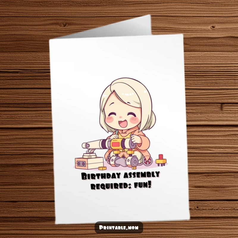 Funny Free Printable Birthday Card: Giggling mom character delights in assembling a complicated toy, embracing the chaos.