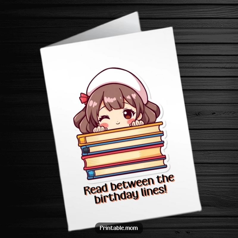 Funny Free Printable Birthday Card: Mom character peeking from behind colorful books, celebrating a birthday.