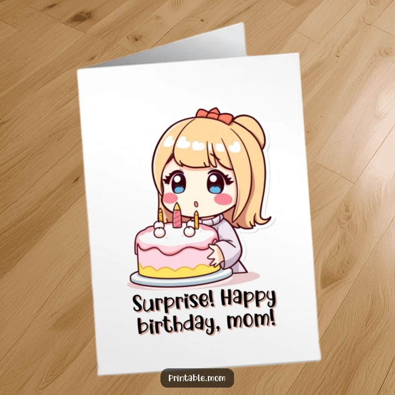 Funny Free Printable Birthday Card: Surprised Mom Holding a Perfectly Decorated Cake