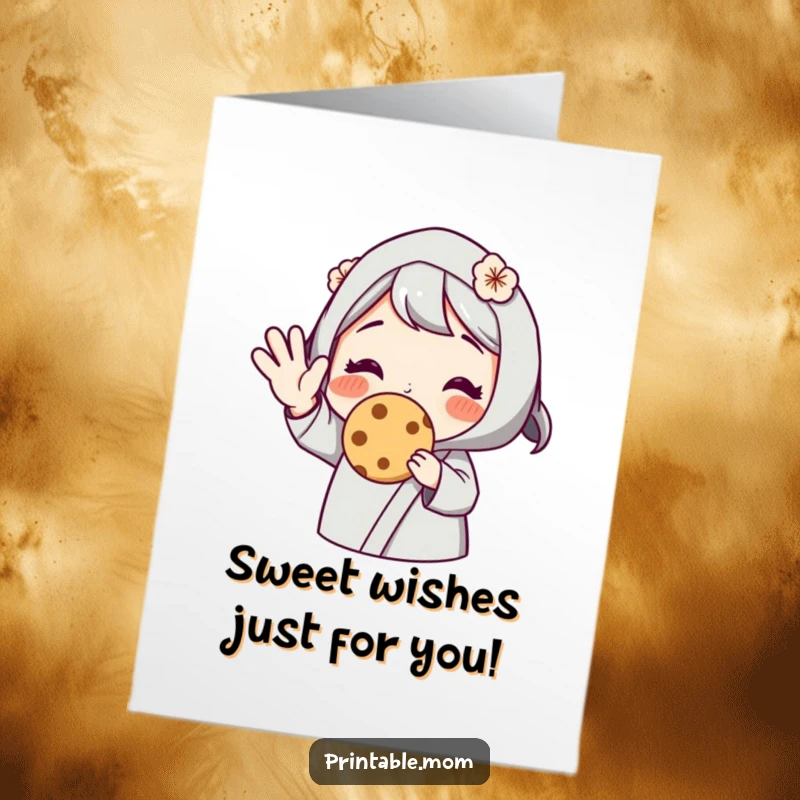 Funny Free Printable Birthday Card: Mom waves cheerfully, holding out a delicious warm cookie with a smile.