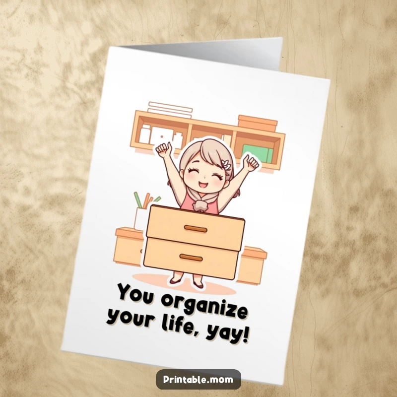 Funny Free Printable Birthday Card Mom: A mom proudly displays a perfectly organized drawer, celebrating your special day with tidiness.