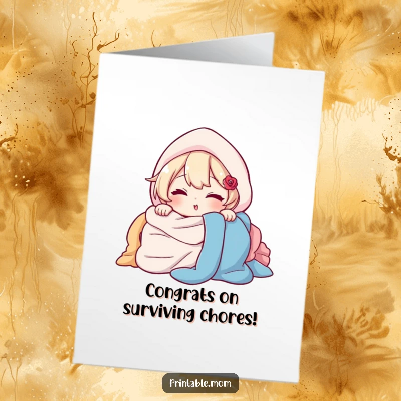 Funny Free Printable Congrats Card: Character winking while peeking from behind a mountain of clean or dirty laundry.