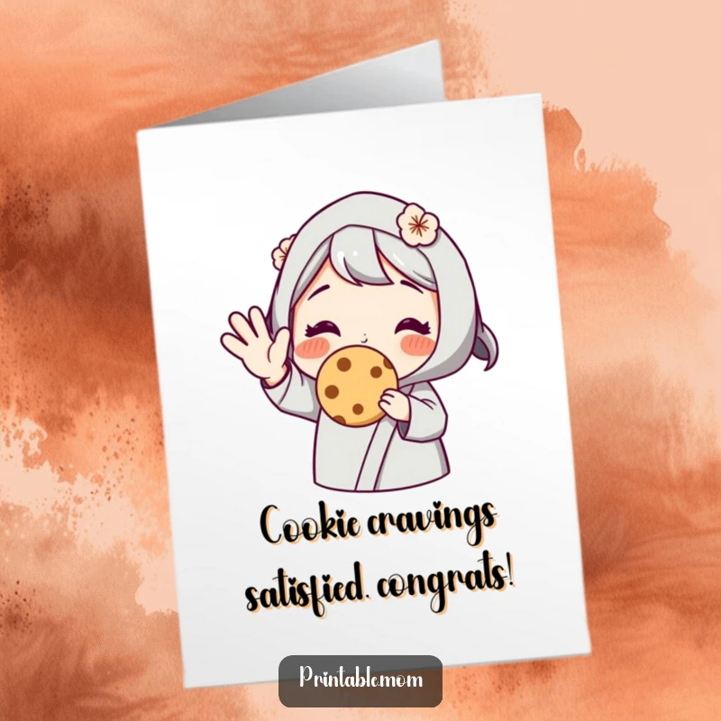 Funny Free Printable Congratulations Card: Mom offers a warm cookie with a cheerful wave, celebrating your success.